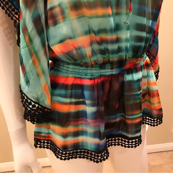 Bebe Semi Sheer Boho Peplum Blouse Size Small Wing Sleeve Pom Pom Trim Colorful - Picture 7 of 14